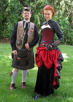 Steampunk Scotsman and Lady in Red Dress